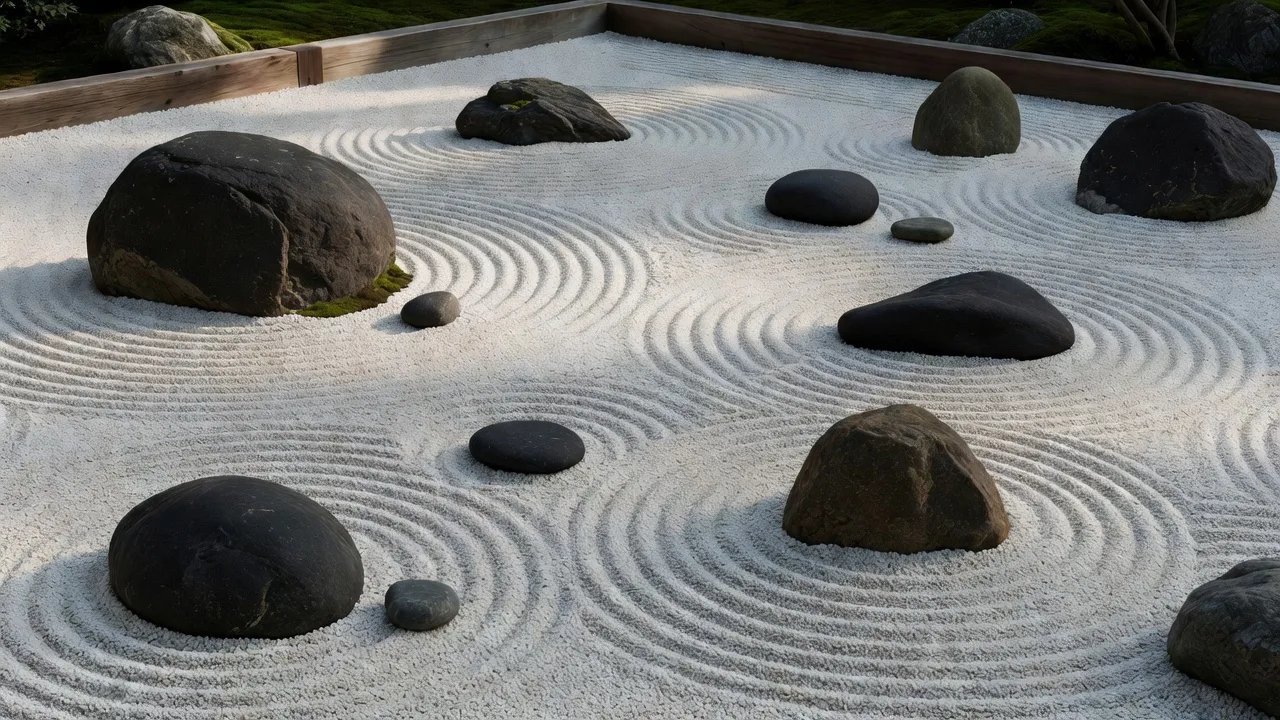 砂紋と石组みによる枯山水庭園